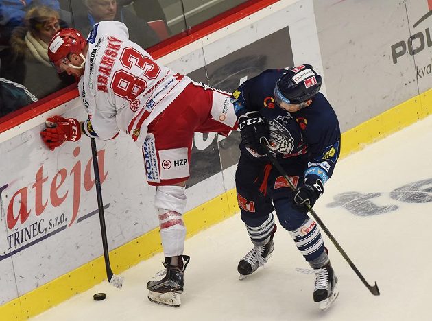 Třinecký útočník Martin Adamský (vlevo) v souboji s libereckým obráncem Radimem Šimkem v zápase 45. kola hokejové Tipsport extraligy.