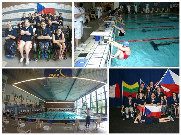 Světové hry juniorů - reprezentační tým, bazén, start děvčata S8, medailový ceremoniál – S8 a plavecký tým s medailemi.
