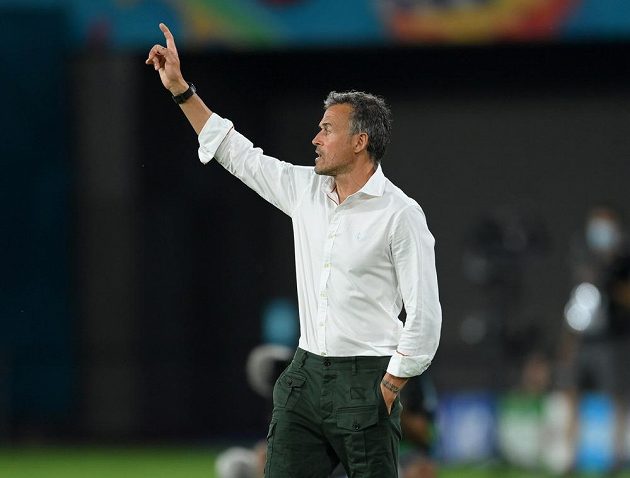 Luis Enrique conducts his team in a match against Sweden