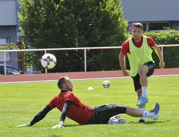 Fotbalisté Mladé Boleslavi zahájili přípravu. Na snímku je brankář Jakub Diviš (vlevo) a záložník Adam Jánoš.
