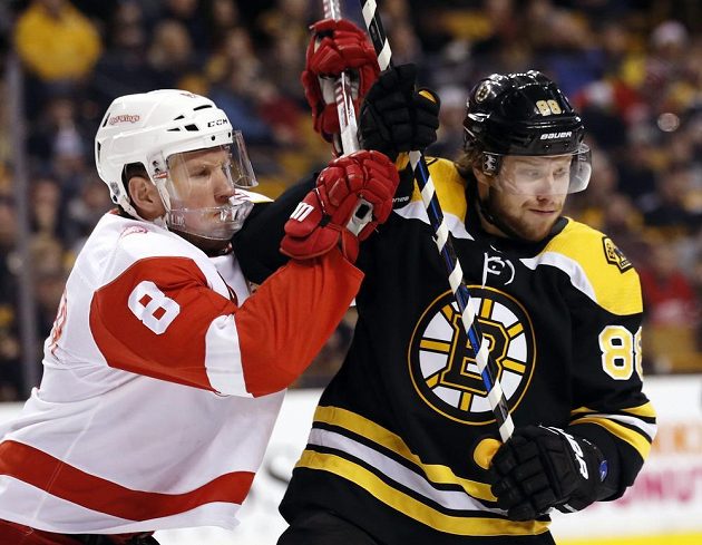 Útočník Detroitu Justin Abdelkader v souboji s českým útočníkem Bostonu Bruins Davidem Pastrňákem během utkání NHL.