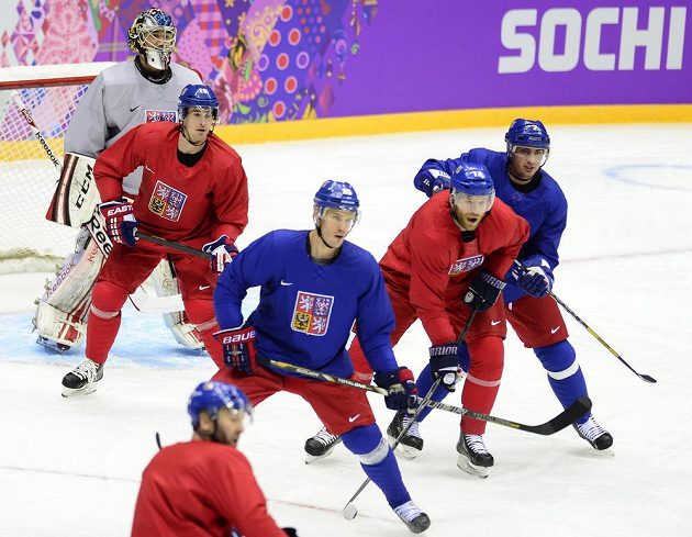 (Zleva) Jakub Kovář, Roman Červenka, Petr Nedvěd, Lukáš Krajíček, Jiří Novotný a Tomáš Kaberle při tréninku české hokejové reprezentace v Soči.
