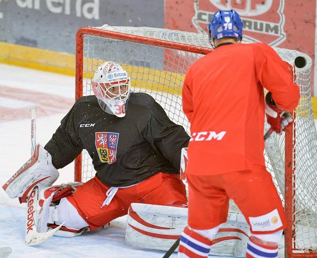 Brankář Šimon Hrubec (vlevo) při tréninku české hokejové reprezentace v Praze před druhým zápasem s Ruskem, který je součástí seriálu Euro Hockey Tour.
