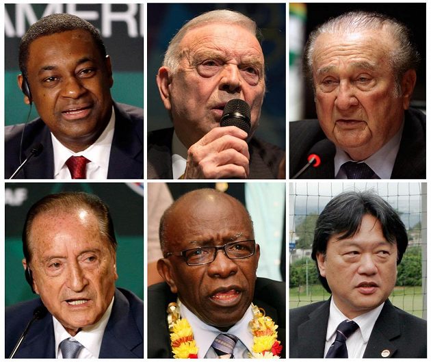 Šestice hlavních podezřelých v kauze FIFA - vlevo nahoře viceprezident organizace Jeffrey Webb, šéf Brazilského a Jihoamerického svazu CONCACAF Jose Maria Marin, prezident CONMEBOL Nicolas Leoz a vlevo dole zleva Eugenio Figueredo, Jack Warner a Eduardo Li.