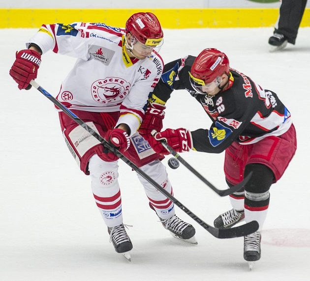 Třinecký útočník Lukáš Žejdl (vlevo) v souboji s královéhradeckým forvardem Lukášem Nedvídkem v utkání 22. kola Tipsport extraligy.