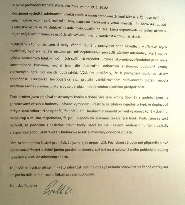 Tiskové prohlášení trenéra Nikase Stanislava Popelky.