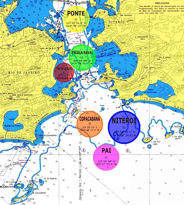 Schéma jachtařských závodních v zátoce Guanabara v Rio de Janeiru, kde se odehraje olympijská regata.