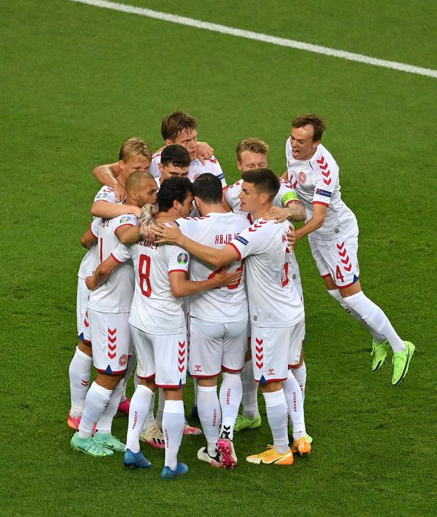 Danish joy.  Scoring Thomas Delaney celebrates with a teammate a goal that scored in the Czech team's net in the EURO quarterfinals.