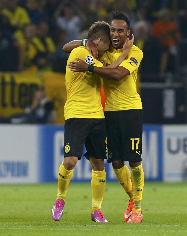 Dortmundští střelci proti Arsenalu: Ciro Immobile (vlevo) a Pierre-Emerick Aubameyang.