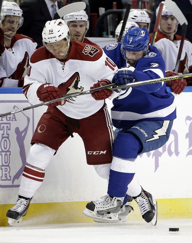 Souboj krajanů. Martin Erat (vlevo) z týmu Arizona Coyotes a Radko Gudas z Tampy.