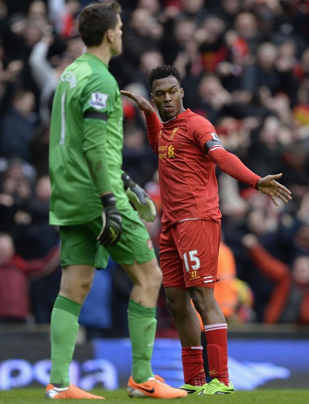 Daniel Sturridge (vpravo) oslavuje svou trefu za záda gólmana Arsenalu Szczesného.