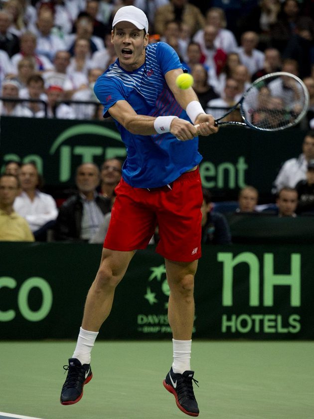 Český tenista Tomáš Berdych v utkání finále Davisova poháru proti Dušanu Lajovičovi.