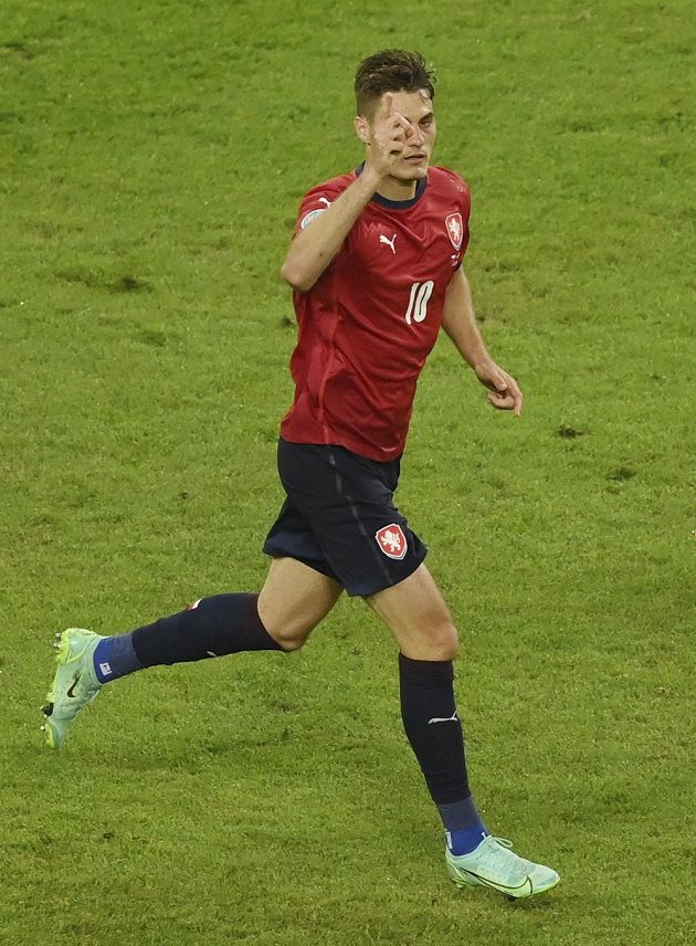 The fifth hit on the EURO.  Patrik Schick (right) celebrates his shot into the Danish net during the EURO quarterfinals, becoming one of the tournament's top scorers.