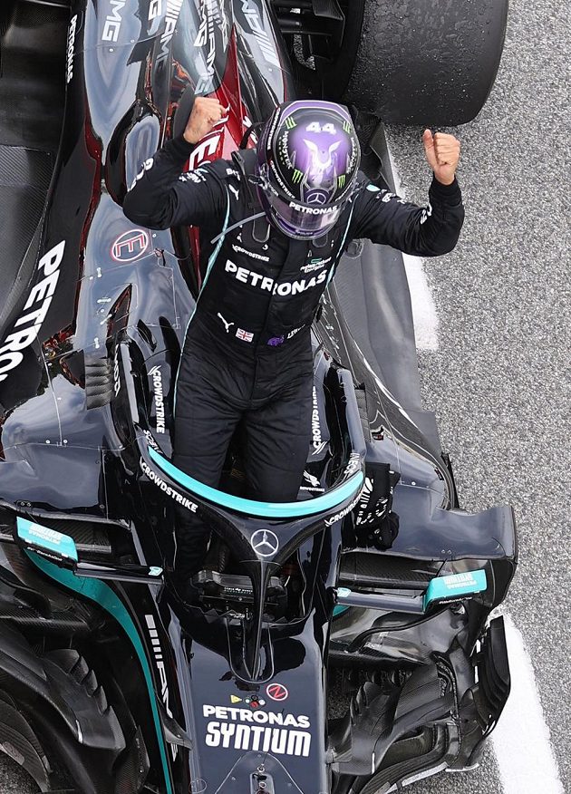 Champion celebration.  British Mercedes driver Lewis Hamilton won the Spanish Formula 1 Grand Prix ahead of Max Verstappen.