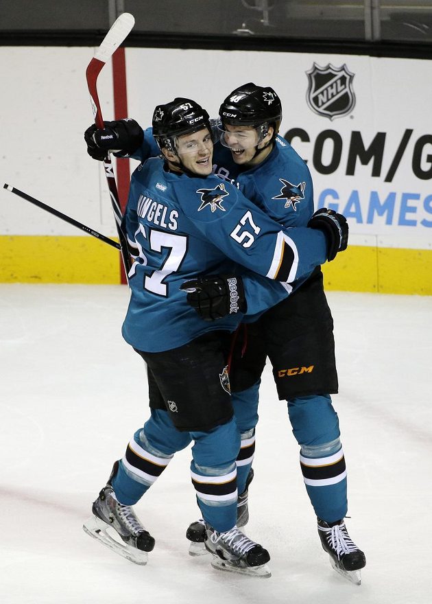 Tomáš Hertl (vpravo) oslavuje se spoluhráčem ze San Jose Tommym Wingelsem svou trefu v utkání s NY Islanders.