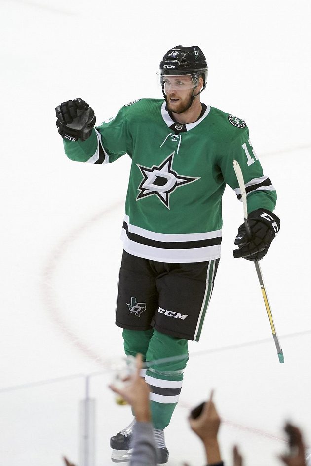 Český útočník Dallasu Radek Faksa se raduje po vstřeleném gólu do sítě Anaheimu.