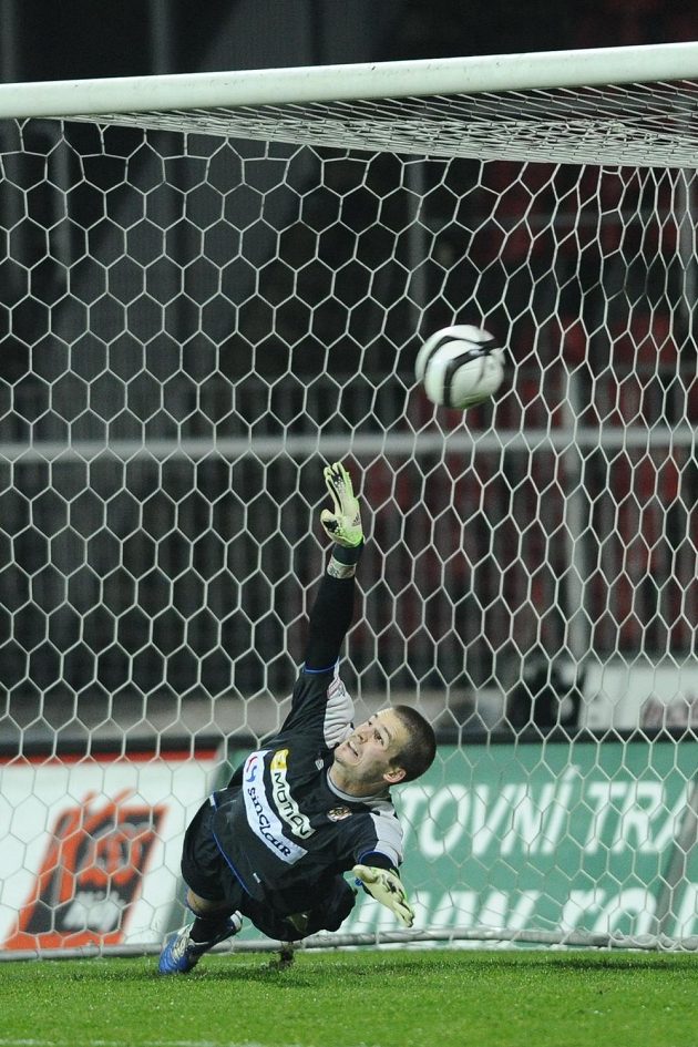 Brankář Zbrojovky Brno Václav Hladký inkasuje gól z pokutového kopu, který proměnil Pavel Horváth.