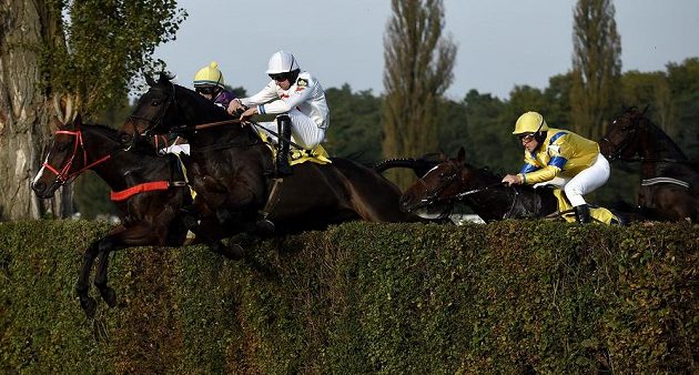 Vítěz 124. Velké pardubické žokej Jan Faltejsek s koněm Orphee Des Blins na taxisu.
