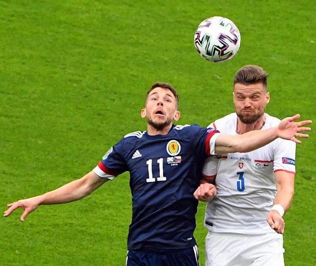 From left Scotsman Ryan Christie and Czech defender Ondřej Čelůstka.