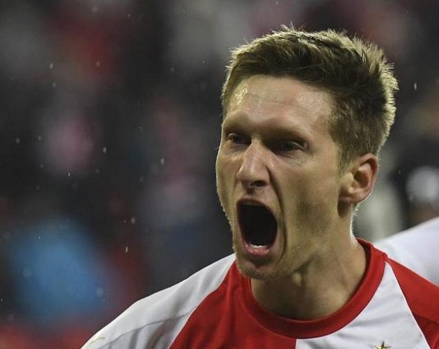 Milan Škoda ze Slavie se raduje z gólu v utkání 20. kola první fotbalové ligy proti Českým Budějovicím