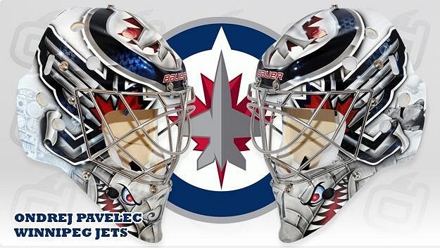 Maska Ondřeje Pavelce, gólmana Winnipegu Jets. Maska Ondřeje Pavelce, gólmana Winnipegu Jets.