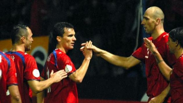 Čeští fotbalisté se radují ze sedmého gólu v síti San Marina. Čeští fotbalisté se radují ze sedmého gólu v síti San Marina.