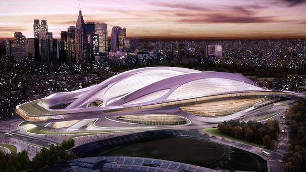 Vizualizace futuristického stadiónu v japonském Tokiu. Vizualizace futuristického stadiónu v japonském Tokiu.