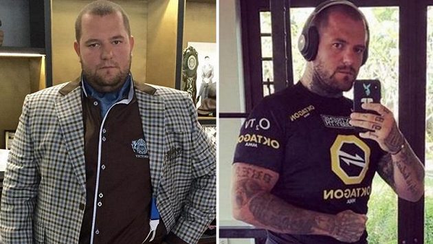 Peter Benko před MMA a po zápase v kleci. Ze 140 kilo se dostal hodně pod metrák, sundal 50 kilo.. Peter Benko před MMA a po zápase v kleci. Ze 140 kilo se dostal hodně pod metrák, sundal 50 kilo..