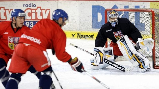 Brankář Ondřej Pavelec na tréninku hokejové reprezentace Brankář Ondřej Pavelec na tréninku hokejové reprezentace