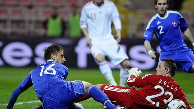 Slovák Kornel Salata (vlevo) si dává vlastní gól v zápase s Dánskem Slovák Kornel Salata (vlevo) si dává vlastní gól v zápase s Dánskem