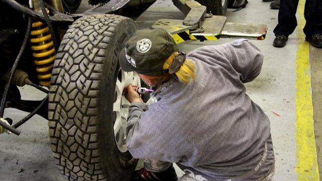 Vyměnit velké kolo u offroadového auta není zrovna snadná záležitost. Vyměnit velké kolo u offroadového auta není zrovna snadná záležitost.
