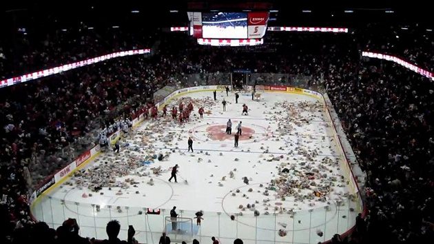 Záplava plyšáků na ledě týmu Calgary Hitmen. Záplava plyšáků na ledě týmu Calgary Hitmen.