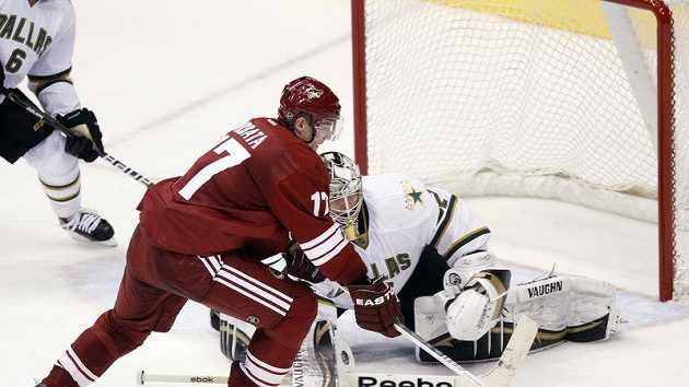 Radim Vrbata překonává Kari Lehtonena. Radim Vrbata překonává Kari Lehtonena.