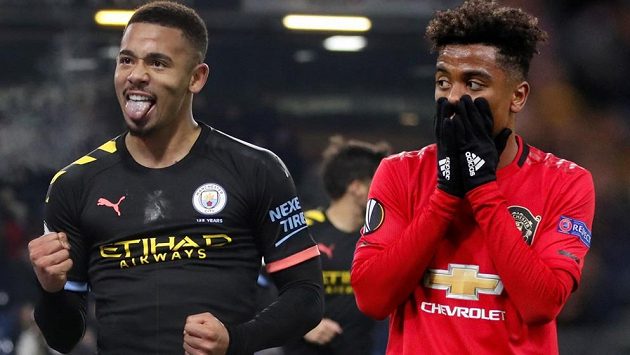Útočník Manchesteru city Gabriel Jesus (vlevo) a záložník Manchesteru United Angel Gomes (vpravo) Útočník Manchesteru city Gabriel Jesus (vlevo) a záložník Manchesteru United Angel Gomes (vpravo)
