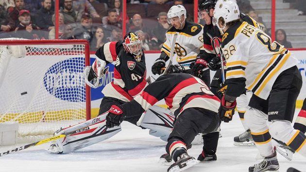 David Pastrňák z Bostonu (vpravo) střílí gól brankáři Ottawy Craigu Andersonovi. David Pastrňák z Bostonu (vpravo) střílí gól brankáři Ottawy Craigu Andersonovi.