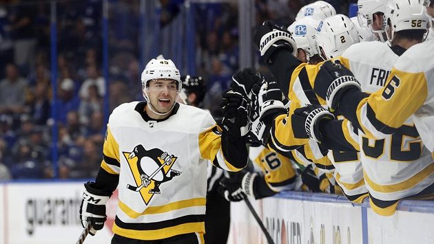 Český útočník Pittsburghu Penguins Dominik Simon slaví se spoluhráči gól, který vstřelil do sítě Tampy Bay Lightning v NHL. Český útočník Pittsburghu Penguins Dominik Simon slaví se spoluhráči gól, který vstřelil do sítě Tampy Bay Lightning v NHL.