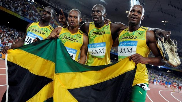 Jamajská štafeta 4x100m Asafa Powell, Usain Bolt, Michael Frater, Nesta Carter na OH v Pekingu 2008. Jamajská štafeta 4x100m Asafa Powell, Usain Bolt, Michael Frater, Nesta Carter na OH v Pekingu 2008.