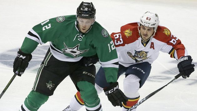 Český útočník ve službách Dallasu Stars Radek Faksa (12) v souboji s Davidem Bollandem (63) z Floridy Panthers. Český útočník ve službách Dallasu Stars Radek Faksa (12) v souboji s Davidem Bollandem (63) z Floridy Panthers.