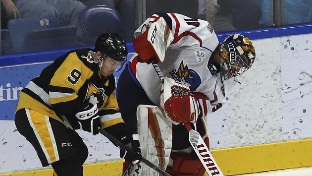 O puk bojují Jake Lucchini z týmu Wilkes-Barre/Scranton a brankář Springfield Thunderbirds Philippe Desrosiers. O puk bojují Jake Lucchini z týmu Wilkes-Barre/Scranton a brankář Springfield Thunderbirds Philippe Desrosiers.