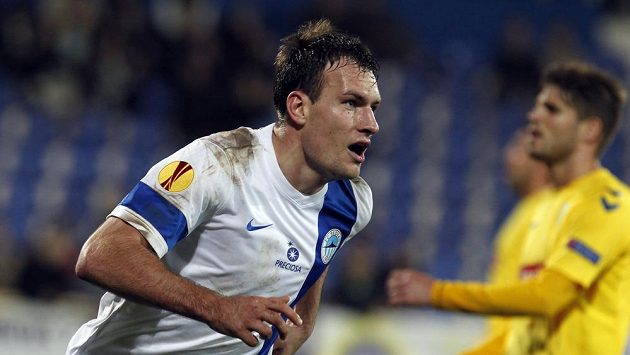 Liberecký útočník Michael Rabušic se raduje z branky do sítě Estorilu. Liberecký útočník Michael Rabušic se raduje z branky do sítě Estorilu.