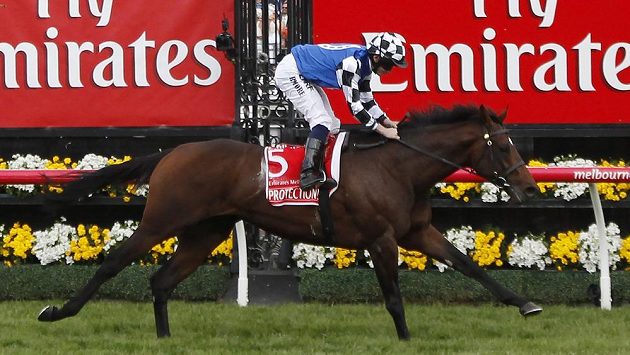 Žokej Ryan Moore v sedle hřebce Protectionista probíhá vítězně cílem slavného Melbourne Cupu. Žokej Ryan Moore v sedle hřebce Protectionista probíhá vítězně cílem slavného Melbourne Cupu.