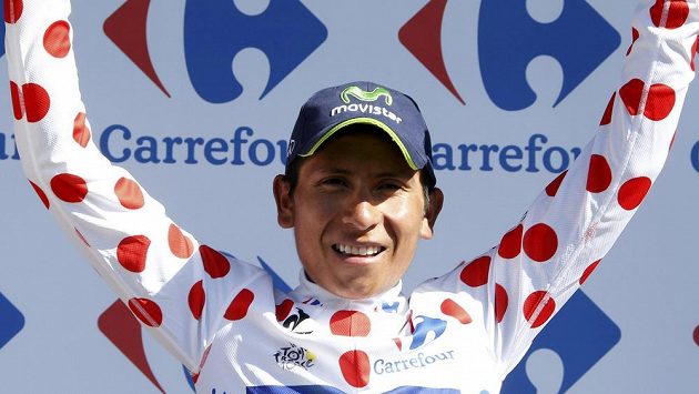 Kolumbijský cyklista Nairo Alexander Quintana z týmu Movistar slaví vítězství ve 20. etapě stého ročníku Tour de France. Kolumbijský cyklista Nairo Alexander Quintana z týmu Movistar slaví vítězství ve 20. etapě stého ročníku Tour de France.