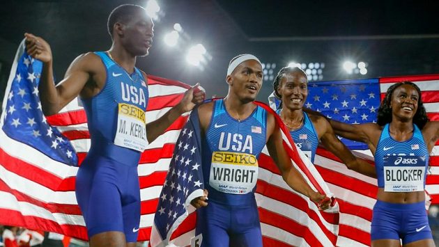 Takto se radovalo americké smíšené kvarteto z vítězství na World relays v Jokohamě. Takto se radovalo americké smíšené kvarteto z vítězství na World relays v Jokohamě.