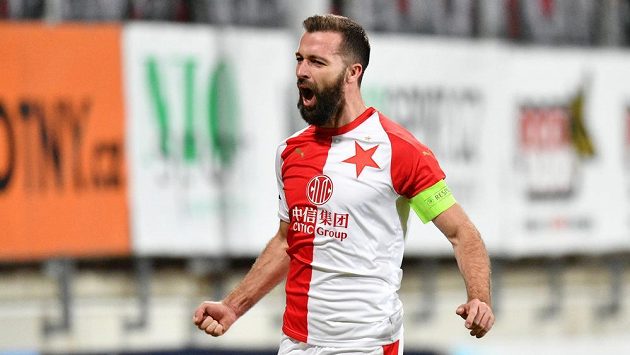 Záložník Slavie Josef Hušbauer slaví gól proti Příbrami. Záložník Slavie Josef Hušbauer slaví gól proti Příbrami.