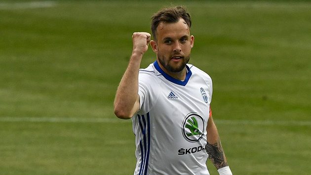 Lukáš Budínský z Boleslavi se raduje z gólu. Lukáš Budínský z Boleslavi se raduje z gólu.