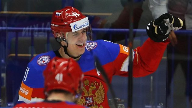 Jevgenij Malkin se raduje z branky, kterou vstřelil ve čtvrtfinále MS do švédské sítě. Jevgenij Malkin se raduje z branky, kterou vstřelil ve čtvrtfinále MS do švédské sítě.