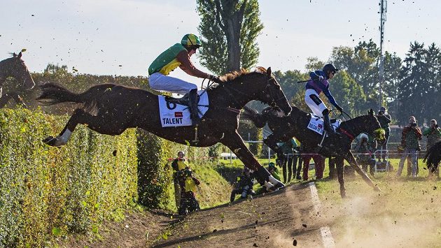 Vítězný Talent s žokejem Pavlem Složilem překonávají Taxisův příkop. Vpravo je Dulcar De Sivola s Petrem Tůmou. Vítězný Talent s žokejem Pavlem Složilem překonávají Taxisův příkop. Vpravo je Dulcar De Sivola s Petrem Tůmou.