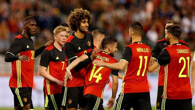 Belgičan Marouane Fellaini (třetí zleva) oslavuje se spoluhráči gól proti České republice. Belgičan Marouane Fellaini (třetí zleva) oslavuje se spoluhráči gól proti České republice.