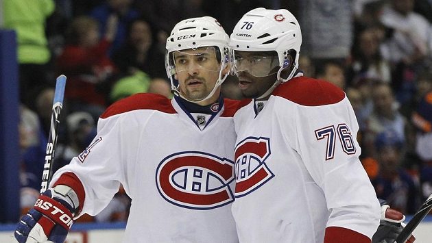 Útočníci Montrealu P.K. Subban (76) a Tomáš Plekanec slaví gól. Útočníci Montrealu P.K. Subban (76) a Tomáš Plekanec slaví gól.