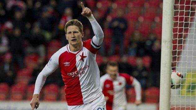 Milan Škoda ze Slavie se raduje z gólu proti Teplicím. Milan Škoda ze Slavie se raduje z gólu proti Teplicím.